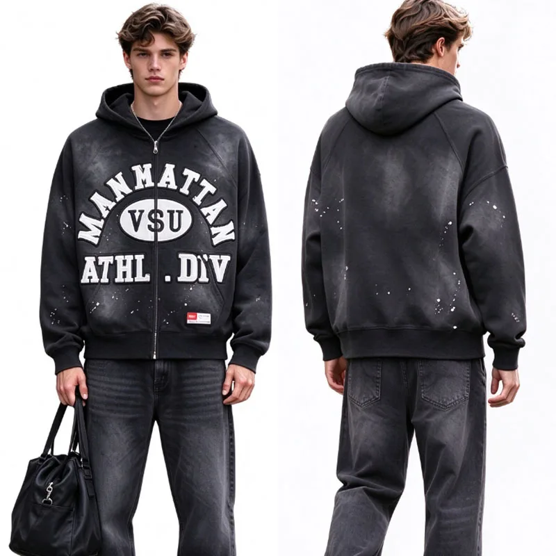 New VALLEY Faded Black Zip Hoodie Splash Paint Spot Distressed Letter Print Oversized Men Hooded Sweatshirt