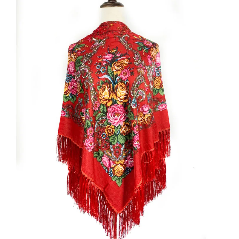 2023 New Floral Printed Russian Scarf Fringed Shawl Big Square Bandana Muslim Headscarf Hijab Ukraine Babushka Scarves