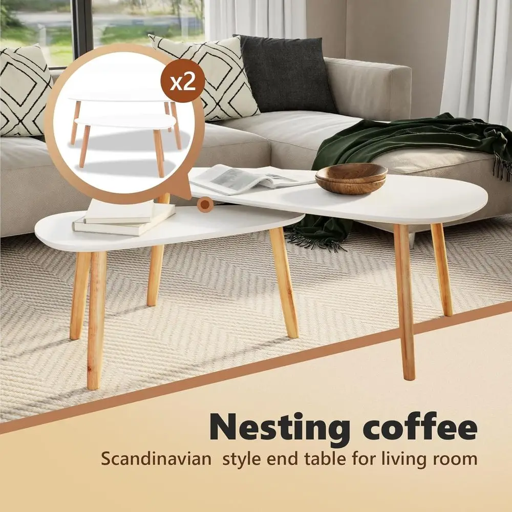 スカンジナビアスタイルの白いコーヒーテーブルセット、リビングルーム用の2ピース無垢パイン材エンドテーブル