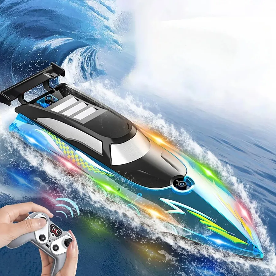 RC Boat with LED Lights, 2.4Ghz Full Size RC Boat, RC Boat for Pools and Lakes, 30 Minutes Run Time, Pool Toys