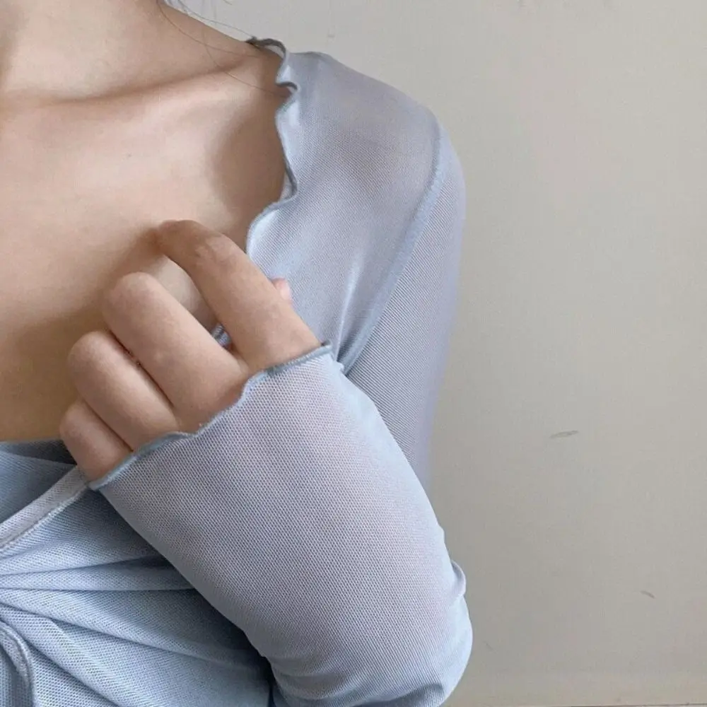 

Fashion Ruffle Mesh Knot Cardigan Long Sleeve V-neck Transparent Cardigan Short Korean Sun Protection Tops Holiday