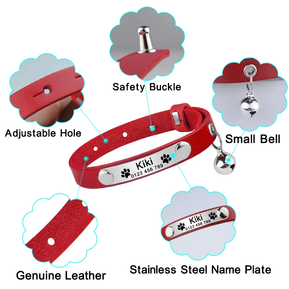 Engraved PU Leather DermisCat Collar Waterproof Personalized Free Custom Name Adjustable Anti-lost Customized Cat Accessory