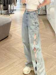 Summer Korean Loose Straight Trendy Jeans Women's New High Waist Hollow Out Trousers Fashion Casual Denim Pants Female Clothes