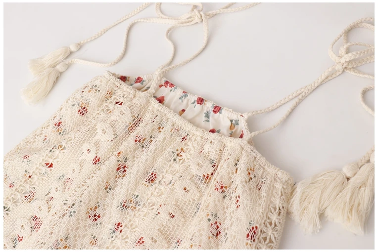 Women\'s New Retro Holiday Style Fringed Lace Floral Fake Two-piece Sling Dress Female Summer Lace-up Slimming Suspender Dresses