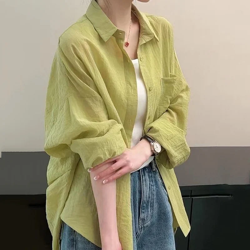 summer Green sun protection shirt Women Korean Chic loose Thin lapel Long Sleeve tops female Solid All-match Button Blouse