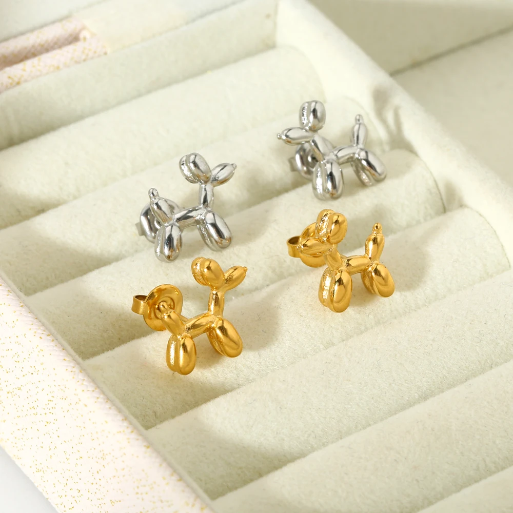 Korean Style 18K Gold Plated Stainless Steel Poodle Balloon Dog Stud Earrings for Girls Cute Dog Animal Post Earring Jewelry