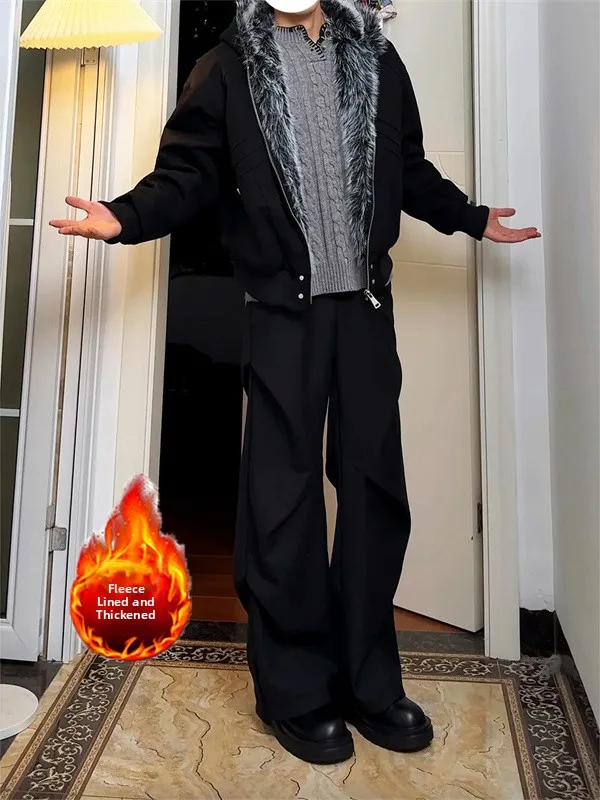 

Cleanfit Men's Thiened Fce Lined Suit Pants Wide Leg Trousers with Pleats Casual Comfortable Winter Faion Youth Sle