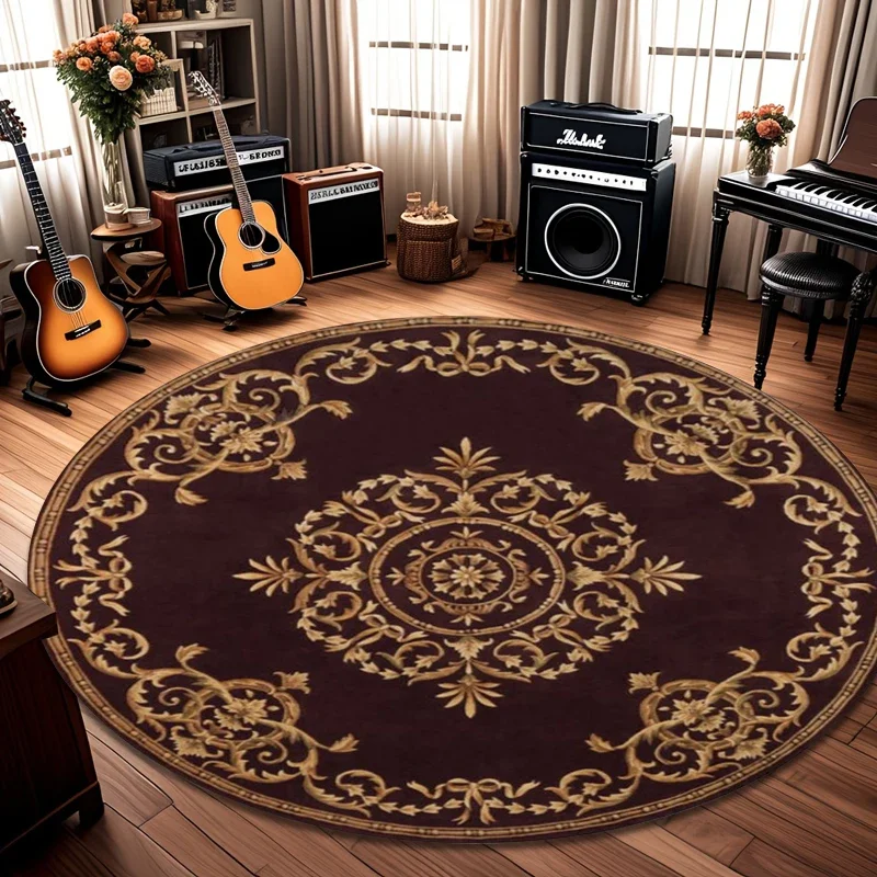 Luxury Traditional Floral Round Rug Elegant Flower Print Non-Slip Circle Rug Classic Vintage Themed Floor Mat for Living Room