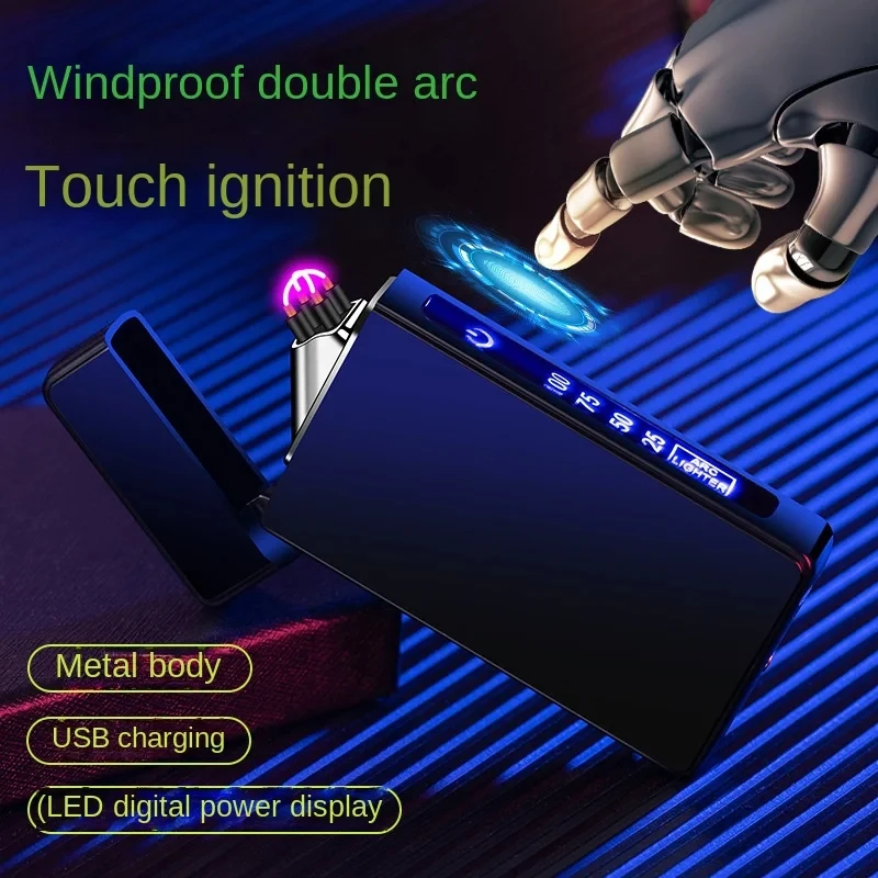 New Electric Windproof Metal Lighter Double Arc Flameless Plasma Rechargeable USB Lighter LED Power Display Touch Sensor Lighter