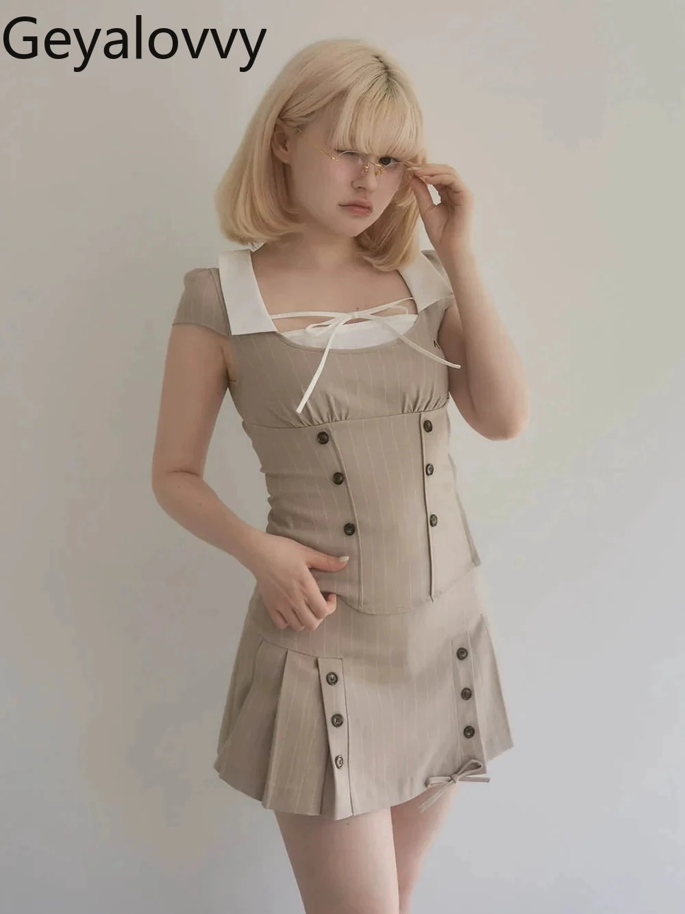 

Women's Two Piece Sets 2025 Summer New Japanese Style Sweet Cute Striped Top and Skirt Set Femme Fashion Casual Suit for Lady