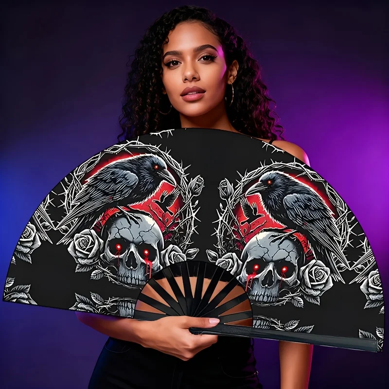 Dark Gothic Skeleton Crow Folding Fan, Gothic Thorn Rose Handheld Fan, Spicy Dressing Decoration Fan, Bar Bounce Prop| Stage Show Fan| Women'S Folding Fan