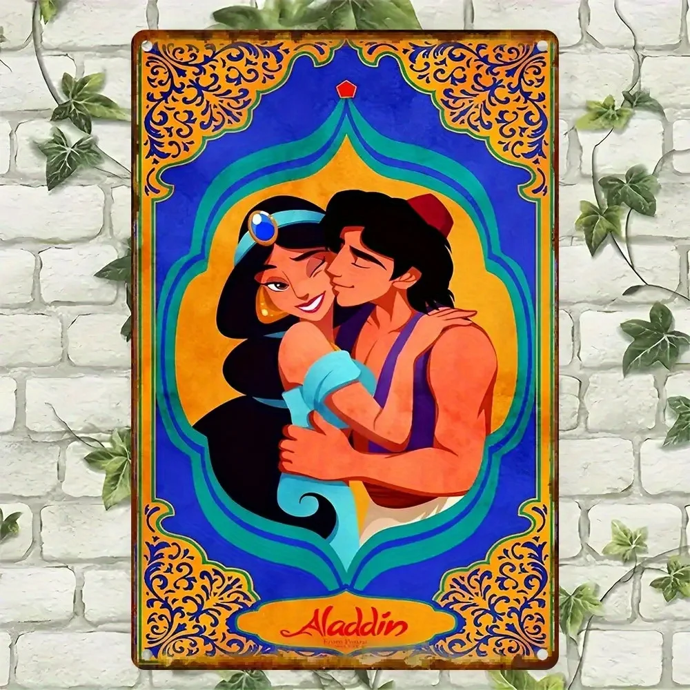 Letrero de decoración de pared de Metal de Aladino y jazmín de Disney, cartel de estaño de hierro Retro Vintage con colores vibrantes, construcción de Metal duradera, 1 ud.