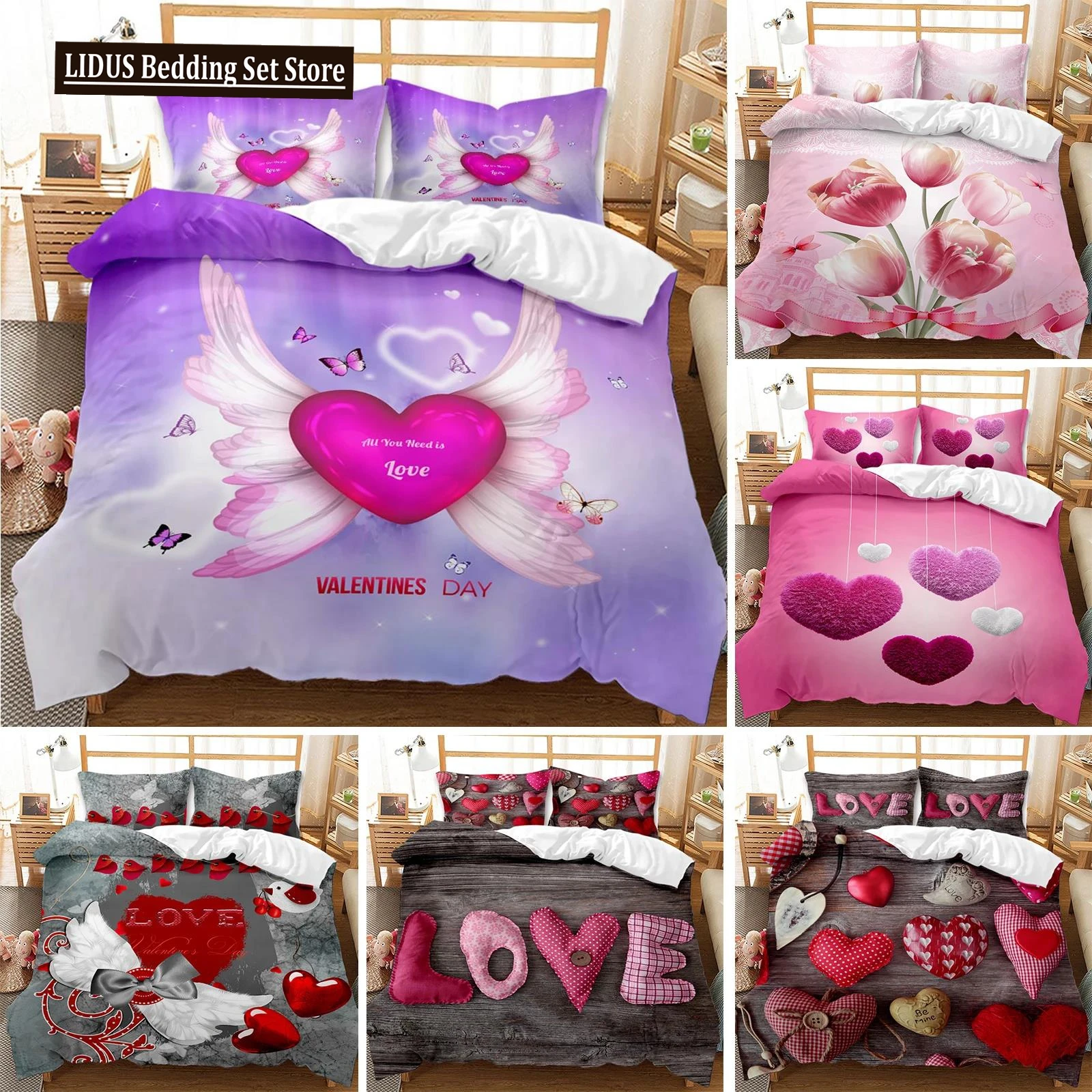 

Festival Duvet Cover Set Valentine's Day Print Bedding Set Couple Romantic Polyester Quilt Cover For Lover Full Queen King Size