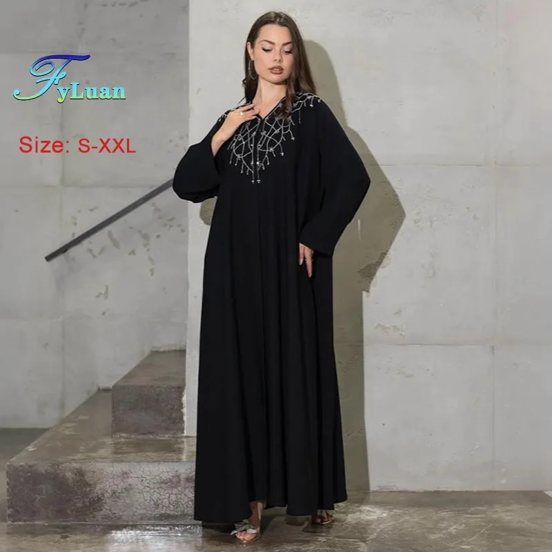 2025 nouveaux vêtements pour femmes noires mode musulmane strass col en v Style décontracté ample nouvelle robe en mousseline de soie débardeurs ensembles deux pièces