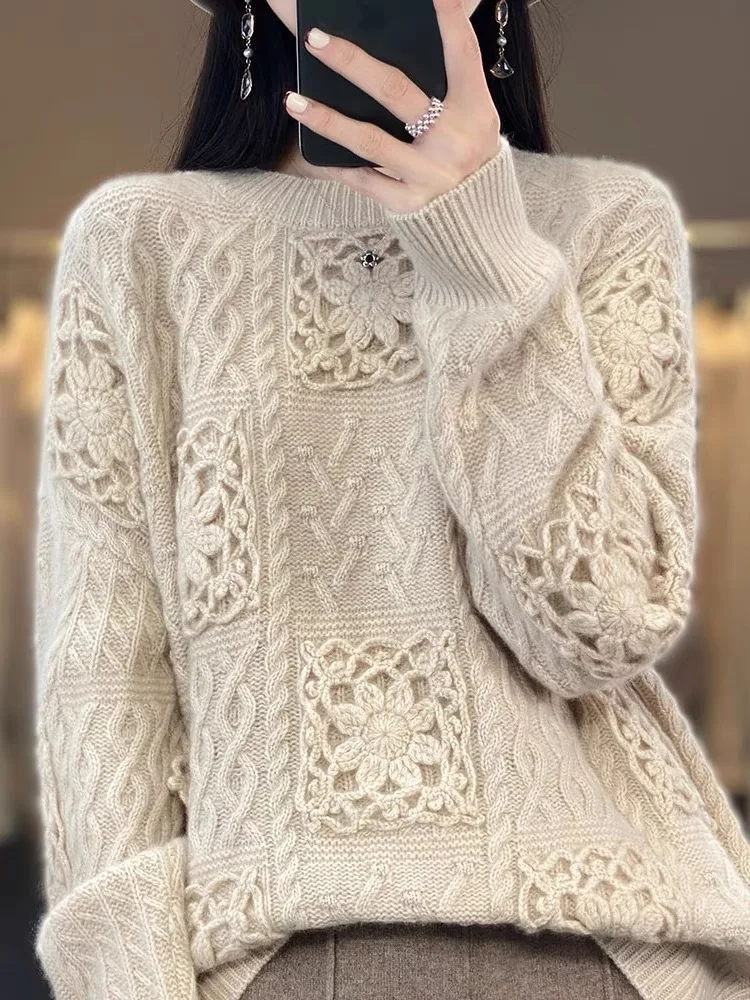 Y2k Cashmere Hollow out Loose fit Women's Sweater 100% Merino Wool Fashion Thickening Pullover Oversized Top Female 2023 New