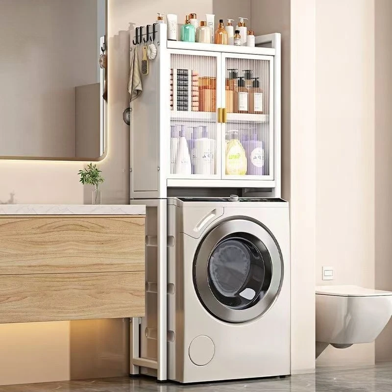 The gap shelf behind  floor-to-ceiling washing machine above  toilet rack in  bathroom, and toilet storage