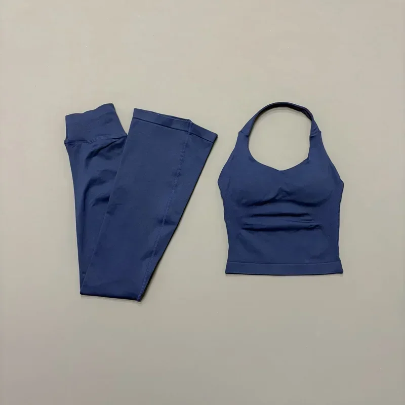 2-teiliges Fitness-Set für Damen: Nahtloses Gym-Haltertop und Hüftliftende Schlaghose für Yoga, Laufen und Workout – Detail 19
