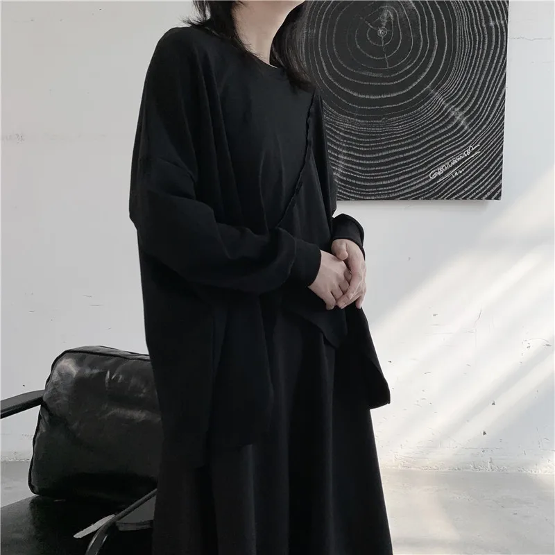 

Dark Style Cotton T-Shirt Asymmetric Long Sleeve Loose Fit Elastic Simple Versatile Trendy Black Top Spring Fashion Ladies' Tee