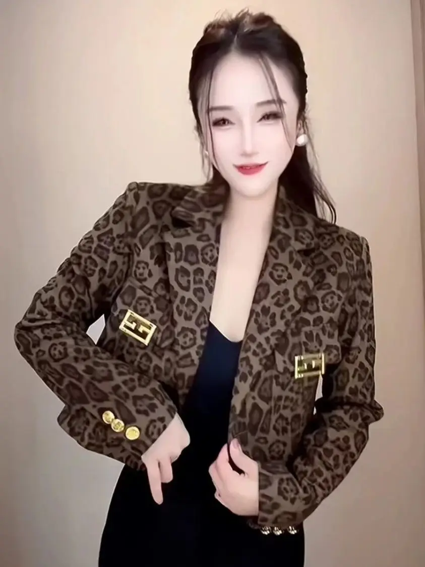 

Женский винтажный пиджак с леопардовым принтом, осенняя новинка, с отложным воротником, длинными рукавами, защита от морщин, для повседневной носки