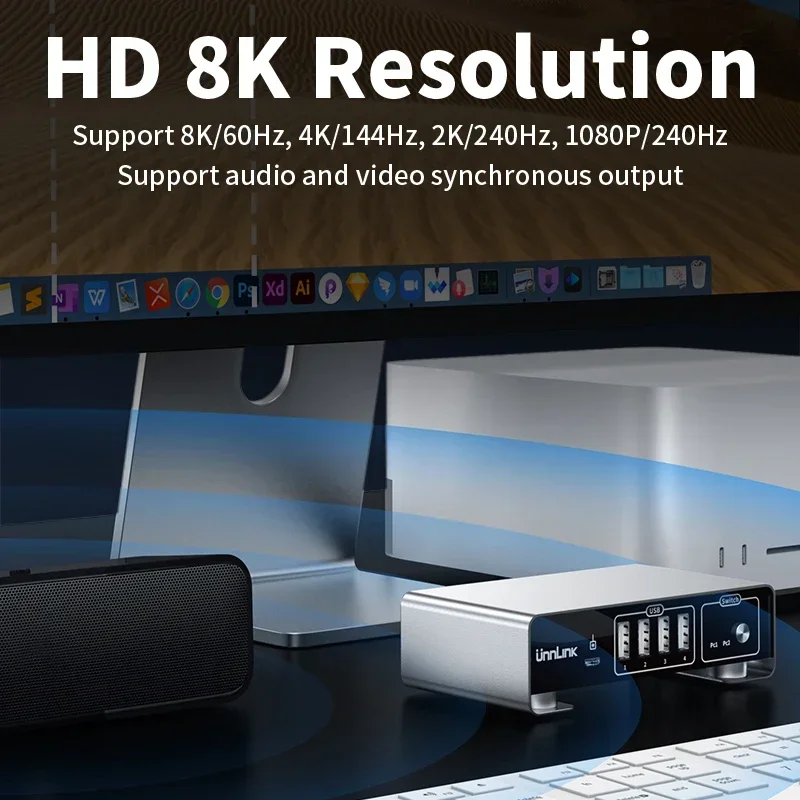 Unnlink Przełącznik KVM USB C 2x1 8K60Hz 4K144Hz Przełącznik KVM typu C Thunderbolt 4 do HDMI DP ze sterownikiem do Macbook PC Mac Mini