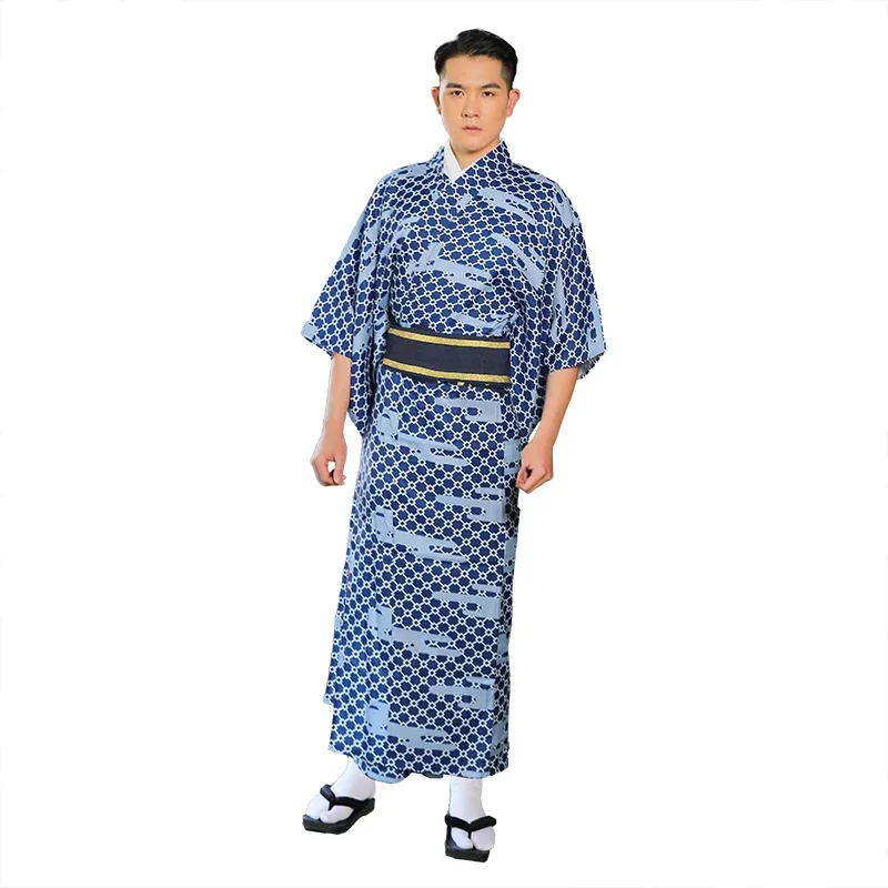 Traditional Japan Kimono Yukata Men's Dressing Gown Male Lounge Robes with Belt Summer Pajamas Anti-wrinkle Free Ironing