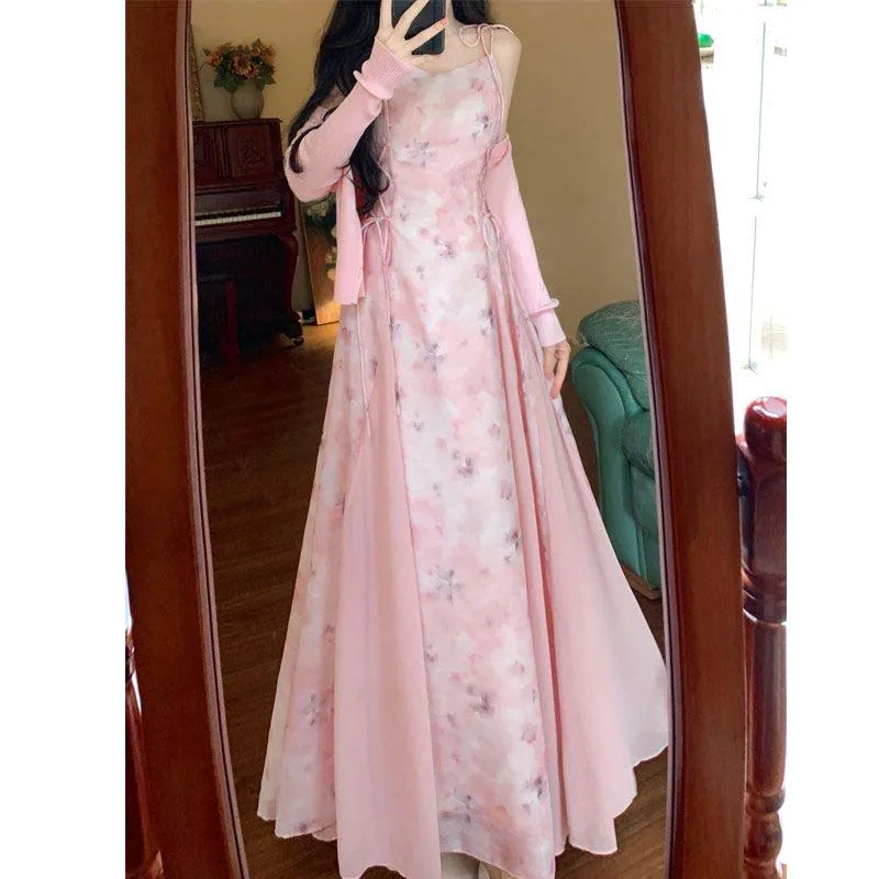 

Summer Women Suit High end French New Chinese Chiffon Fragmented Flower Suspended Dress Cardigans Two Piece Sets Women Outfits