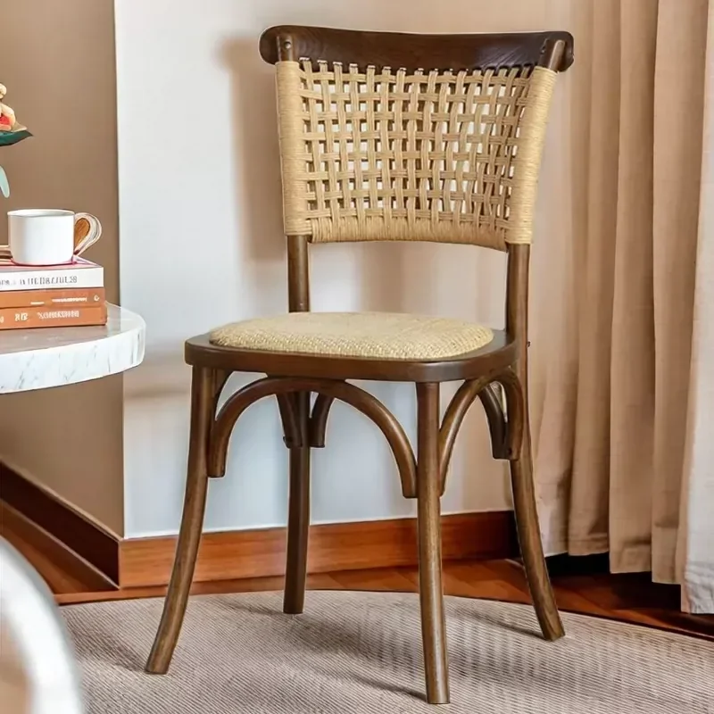 Solid Wood Retro Dining Chair Rural American Style Economical Old Rattan Chair with Paper Rope Back for Hotel Restaurant