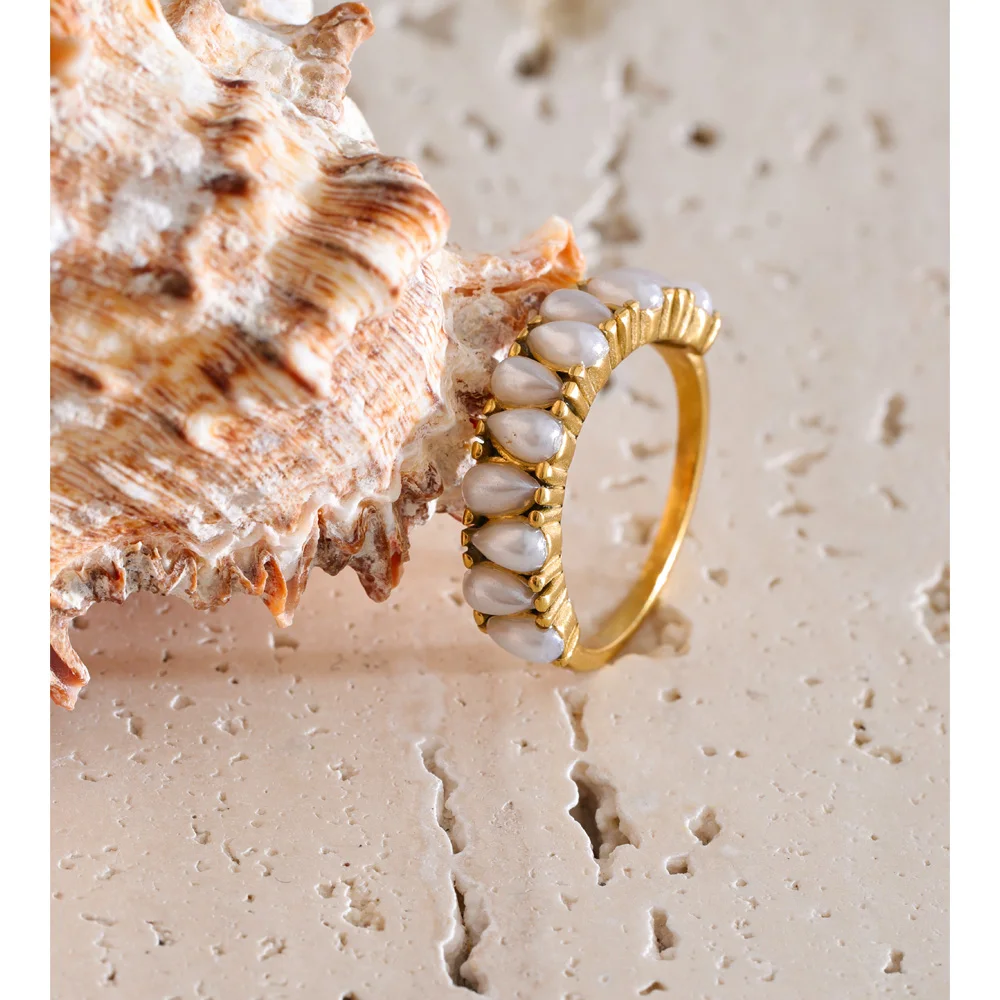 Yhpup Size 678 Stainless Steel Simulated Pearls Golden Finger Ring for Women Elegance Chic Popular Jewelry Gift PVD Plated
