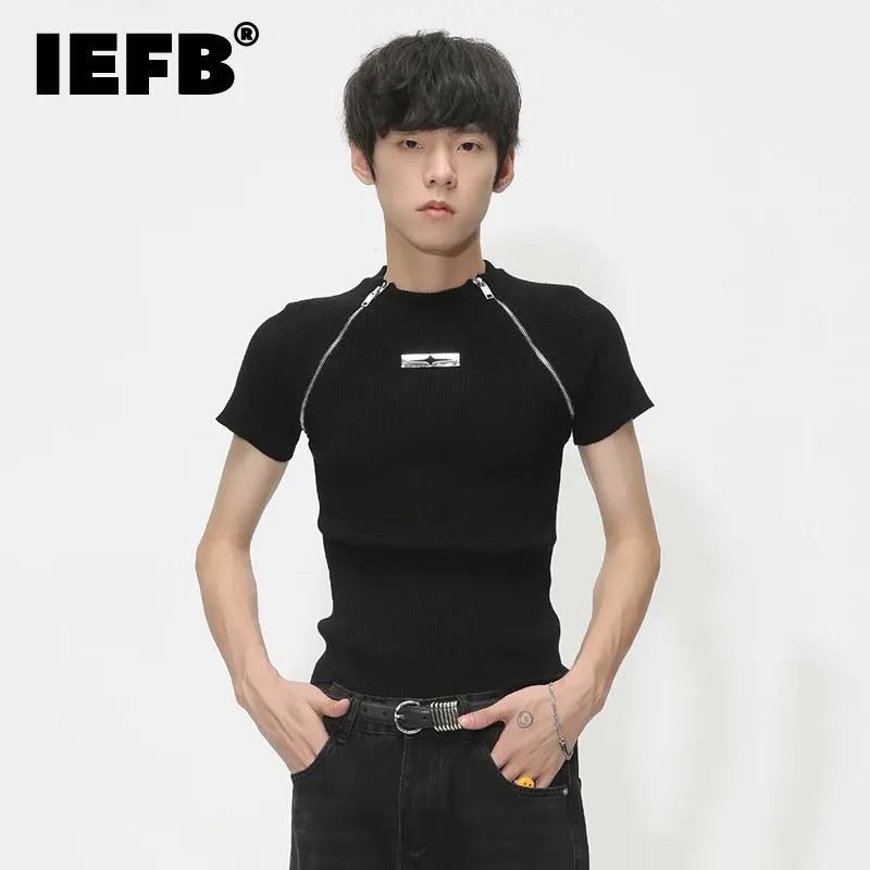 IEFB Slim Men's Casual T-shirts Fashion Tide Menwear Summer Thin Knitted Short Sleeve Tee Personality Metal Zipper Design 9C1138