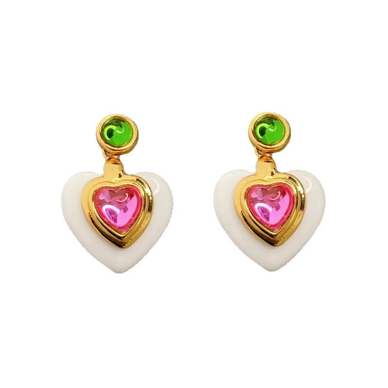 Brass Clorful Heart Drop Earrings Women Jewelry Punk Party Gown Runway rare Boucle d'oreille Korean Japan  Style Fashion