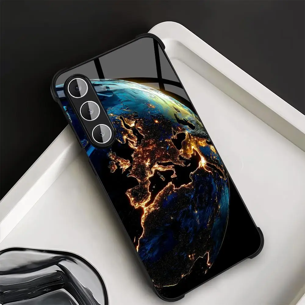 Earth pattern tempered glass phone case suitable for Samsung Galaxy S26 S25 S24 S23 S22 S20 FE/Ultra/Plus anti drop back cover