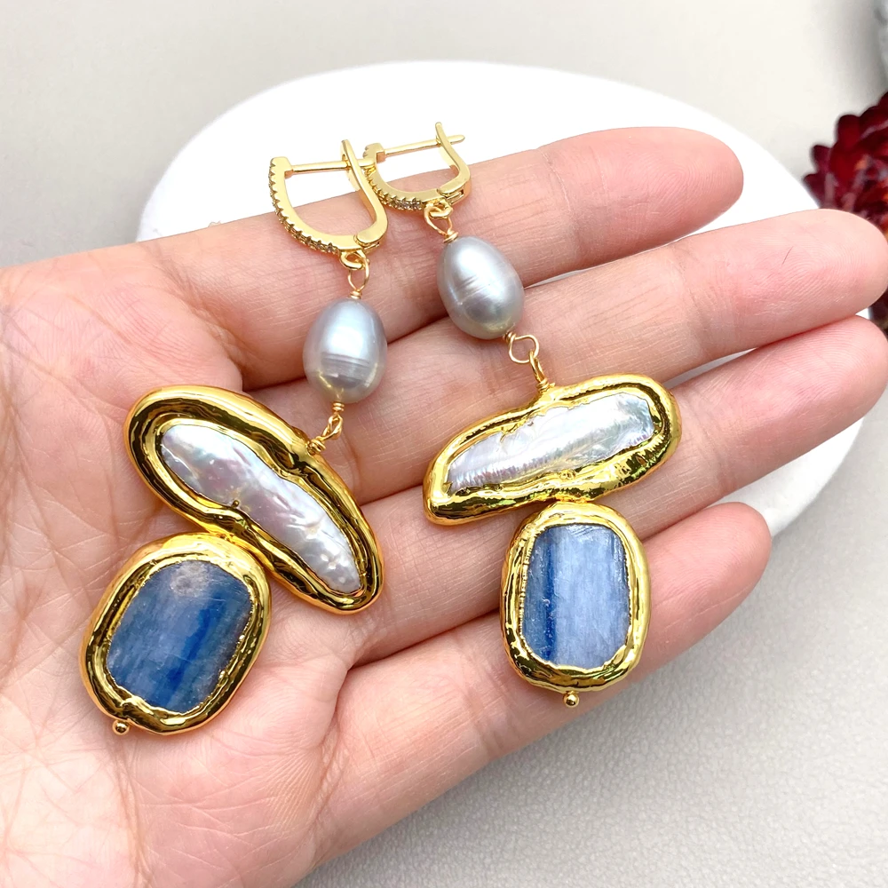Freshwater Cultured White Biwa Pearl Gray Rice Blue Kyanite Dangle Lever Back Earrings