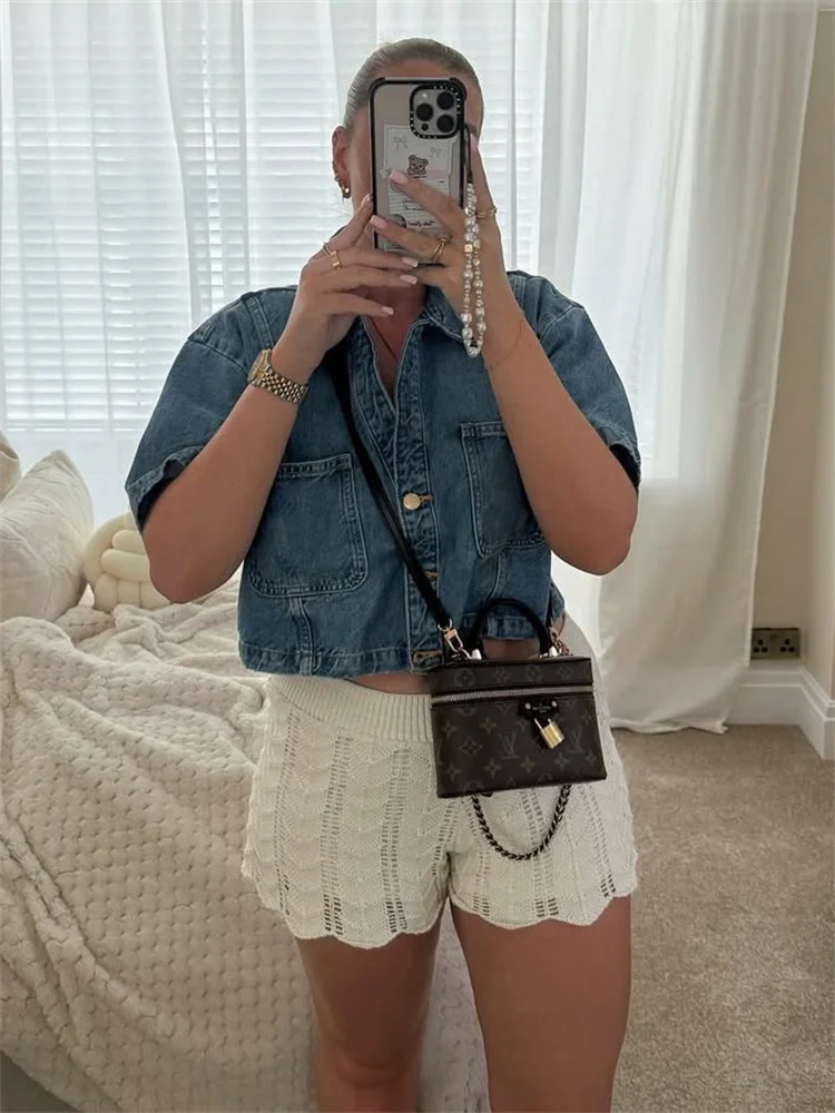 Tossy Fashion Lapel Denim Shirts Tank Top For Women Pocket Patchwork Short Sleeve Jean Streetwear Female Cropped Y2k Top Shirt - Image 5