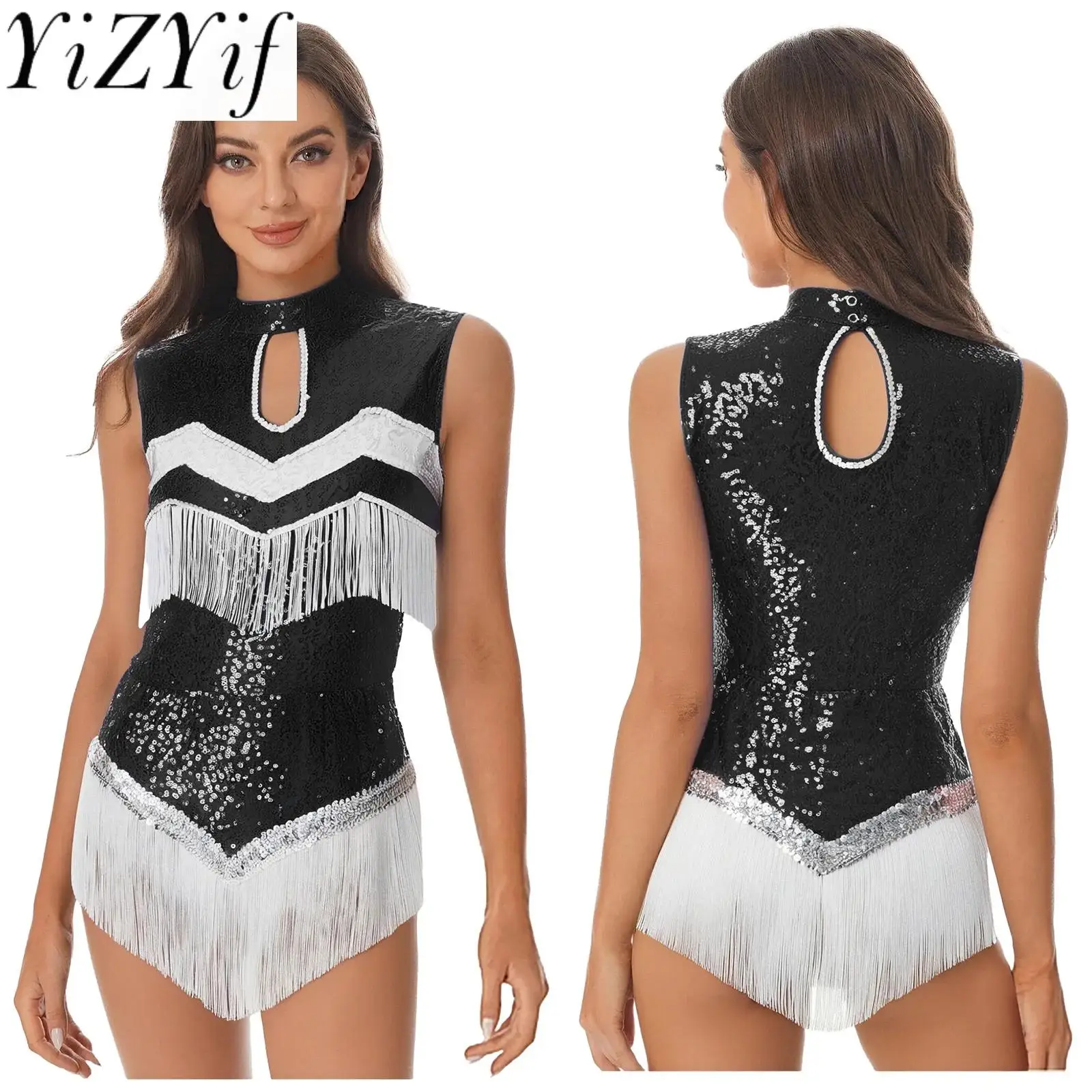 Women Fashion Glittery Tassel Latin Cha-cha Rumba Dance Performance Leotards Jumpsuit for Sparkling Latin Stage Dance Outfits