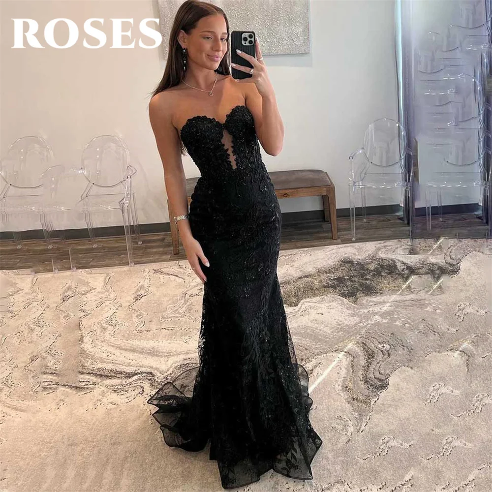 

ROSES Sexy Black Evening Dress Sleeveless Tulle Trumpet Long Lace Corset Prom Dress with Pleats Satin 프롬드레스 Applique Party Dress