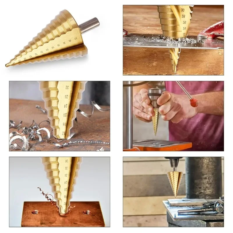 5-35mm Manico esagonale Trapano scanalato a spirale Gradini in acciaio ad alta velocità Apri punte da trapano per metallo Piastrelle di ceramica Trapano rapido Utensili elettrici