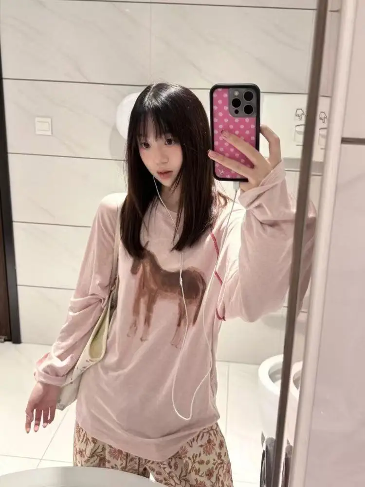 Hand Drawn Pony Printed Decoration T-irt Women's Thread in Shoulder Sleeve Top Round Neck Loose Long Sleeved Casual Shirt