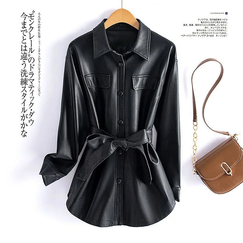 New Women Shirt Style Leather Jacket Spring Autumn Fashion Casual Turn-down Collar Lace-up Slim Leather Coat Split Leather