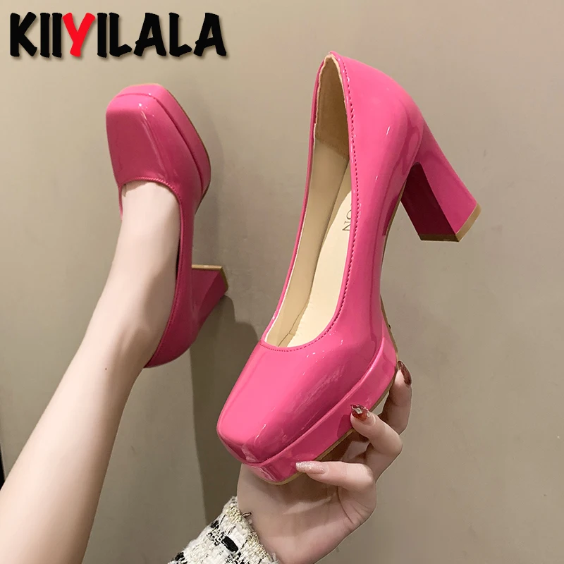 8cm Round Chunky High Heel Platform Baby Pink Orange Pumps Women Shoes Square Toe Fashion Patent Leather Plus Size 46