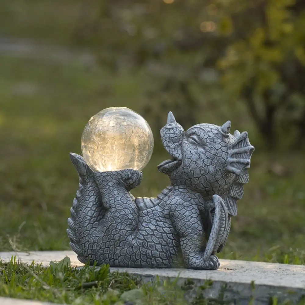 

Resin Solar Dragon Holding Lamp Creative Cute Dinosaur Sculptures Light Waterproof Vivid Art Figurines Ornaments Courtyard