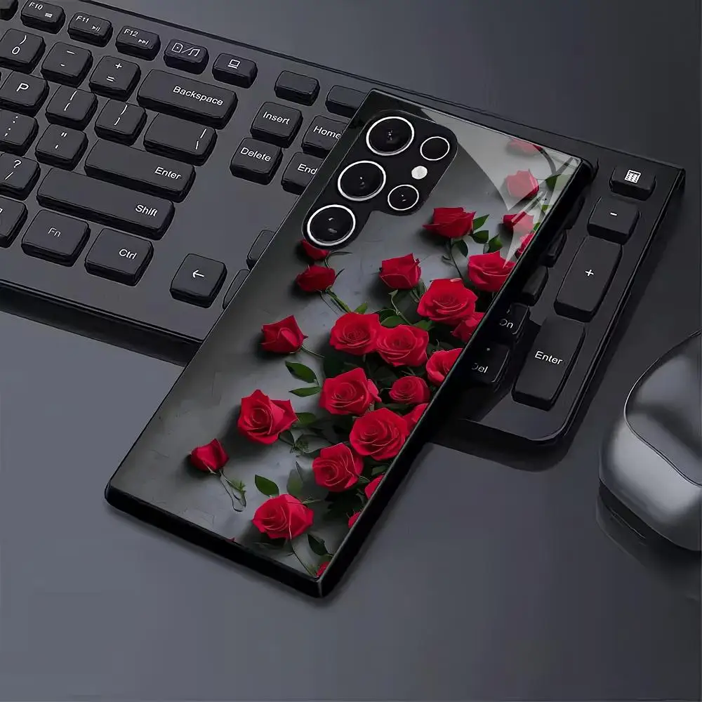 Red rose tempered glass phone case suitable for Samsung Galaxy S26 S25 S24 S23 S22 S20 FE/Ultra/Plus anti drop back cover