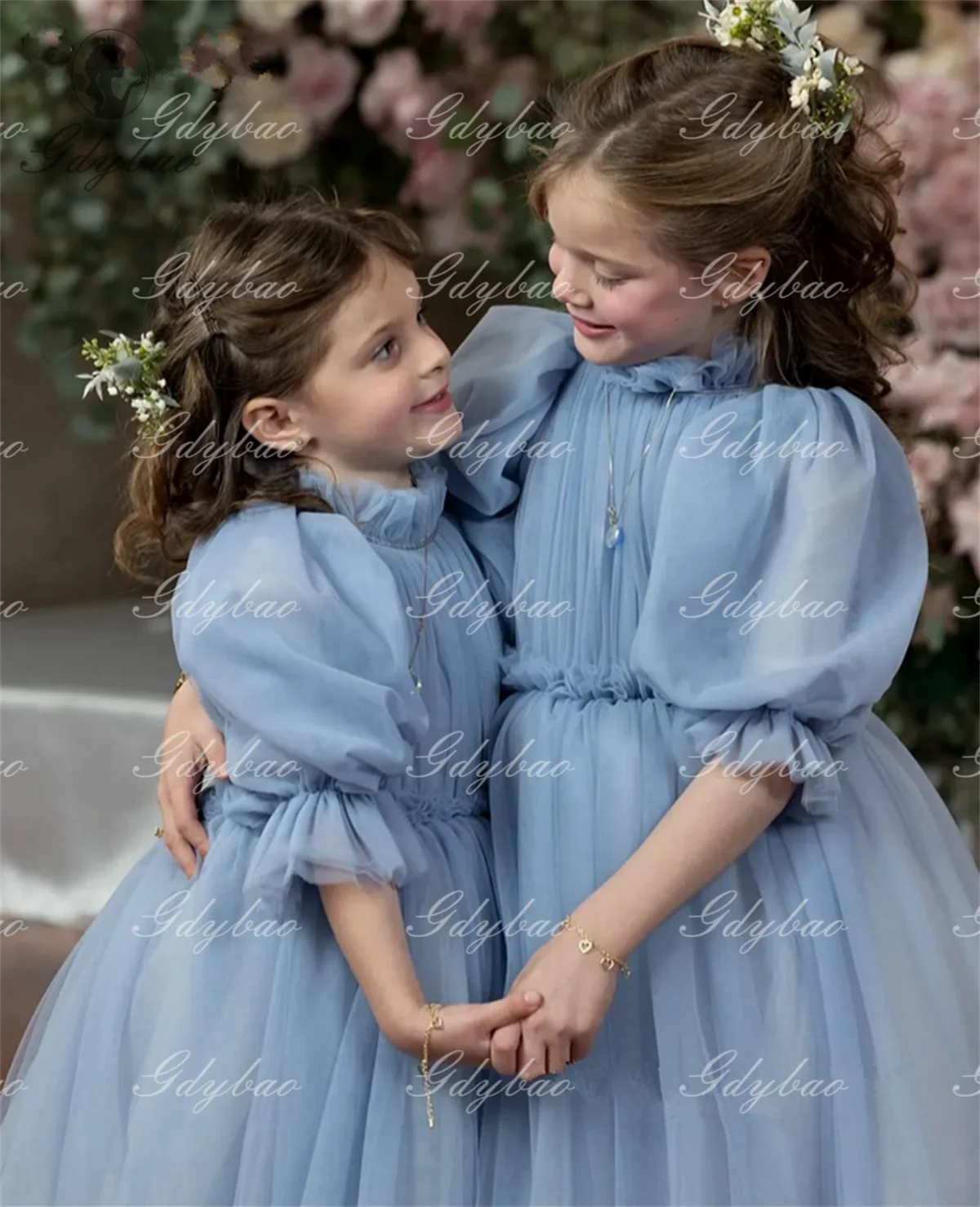 Grey Blue Tulle pleated Girl Dresses Ball Gown Half Sleeve For Wedding high neck Birthday Party Banquet Princess girl Gowns