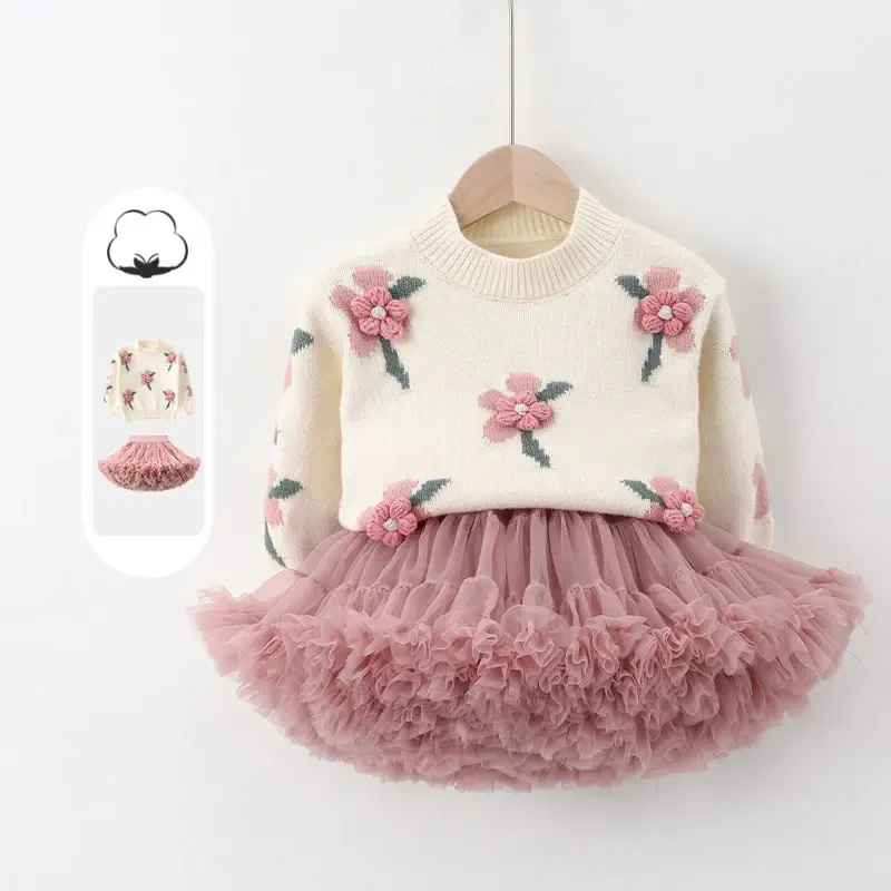 Korean Kid Baby Girls Suit Autumn New Long Sleeve Children's Sweater + Set Girl Lovely Print Pleated Skirt W-S060