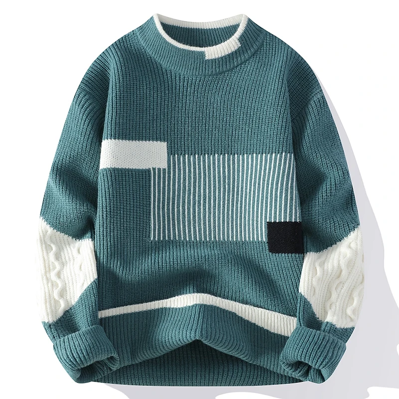 Ulepszony sweter z dzianiny Versio Moda Patchwork Knitting Mock Neck Pullovers Jesień Zima Codzienne ciepłe swetry Pullover Swetry