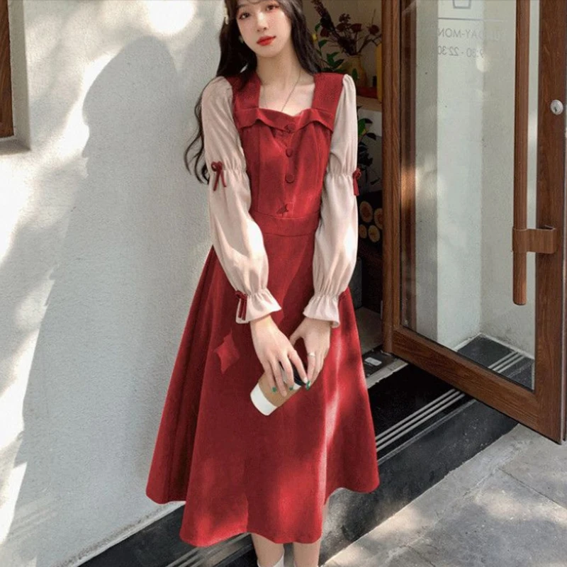 French Style Square Collar Flare Sleeve Dresses Women Vintage Waist Red Corduroy Dress Woman 2023 Autumn Patchwork Midi Dress