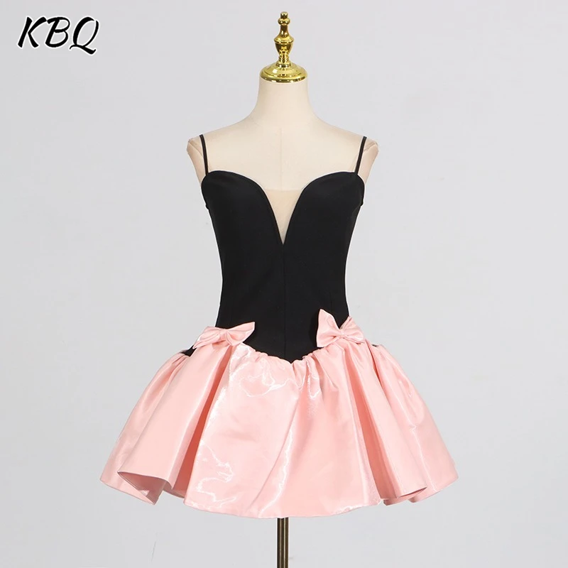 

KBQ Hit Color Slimming Spliced Bowknot Mini Dresses For Women Square Neck Sleeveless Patchwork Ruffles Chic Dress Female Style