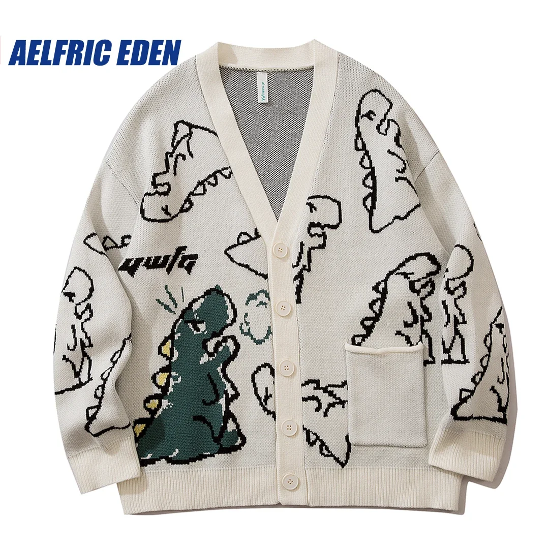 Aelfric Eden Dinosaur Cartoon Pattern Knit Cardigan Sweater Vintage Hip Hop Knitted Sweater Retro Casual Wool Hipster Streetwear