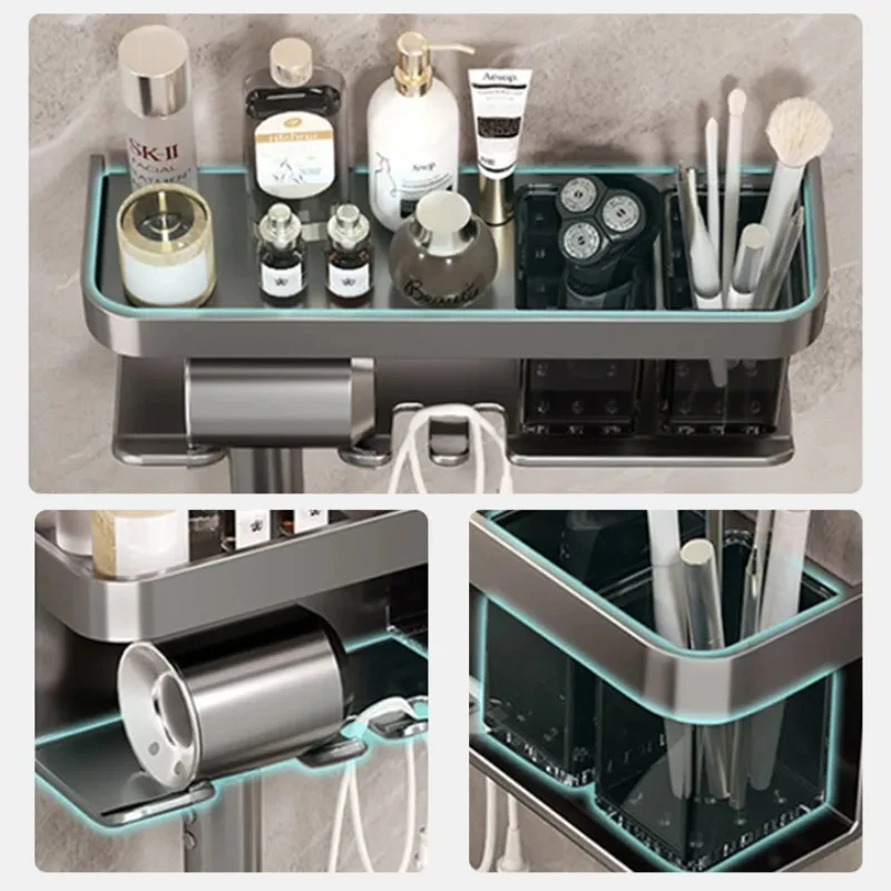 Aluminum Alloy Hair Dryer Holder Bathroom Storage Organizer Wall Bathroom Shelf No Drilling Dryer Cradle