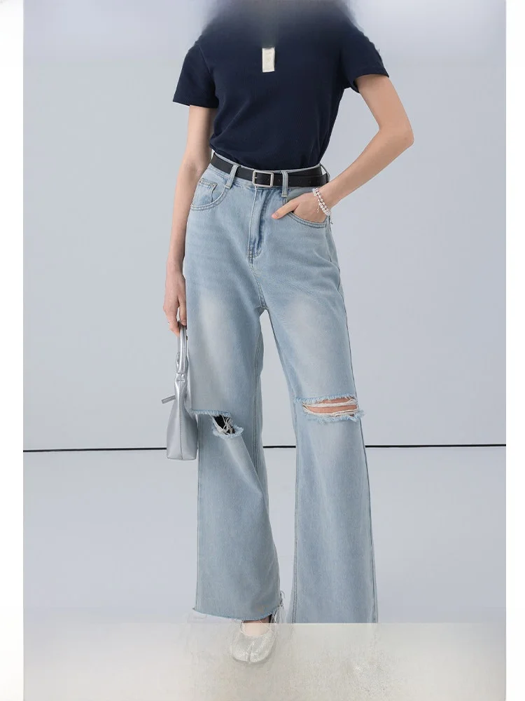 

Rina Berry Women's Faionable Ripped Straight Leg Jeans High Waist Zipper Closure Summer 2023 Vintage Sle Floor-Length