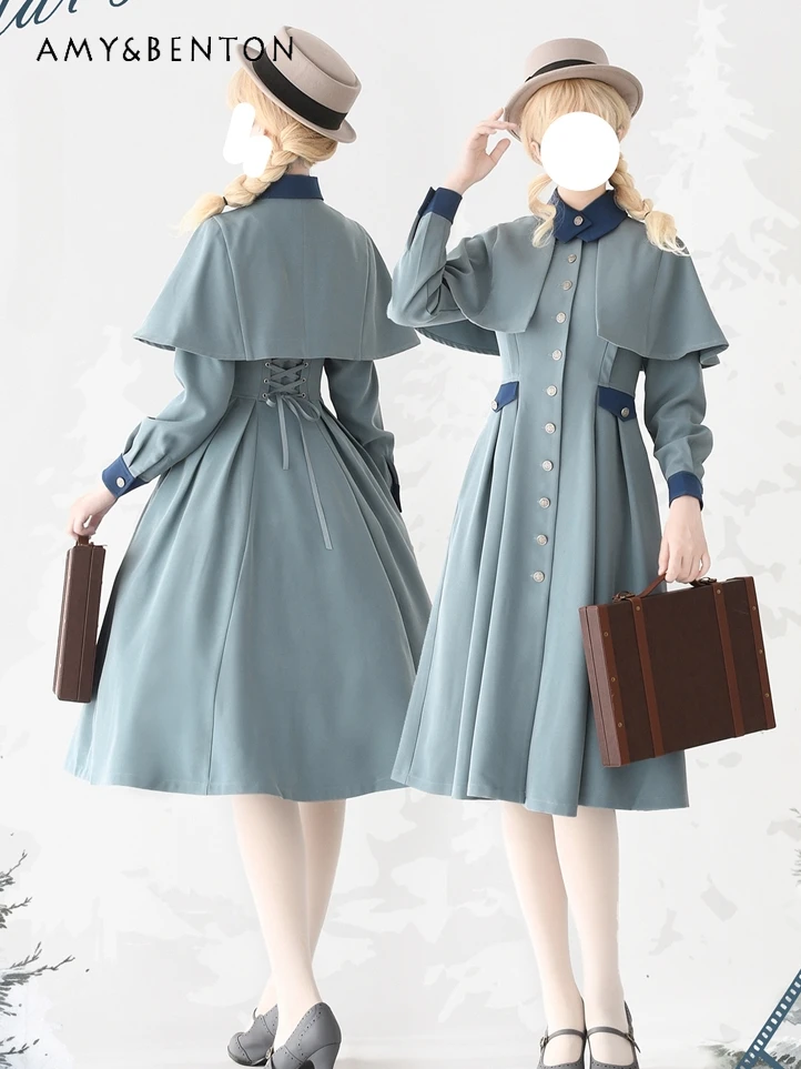 Elegant Graceful Retro Patchwork Shawl Slim Midi-calf Dress for Women Spring Autumn New Daily Classical Style Lolita Dresses